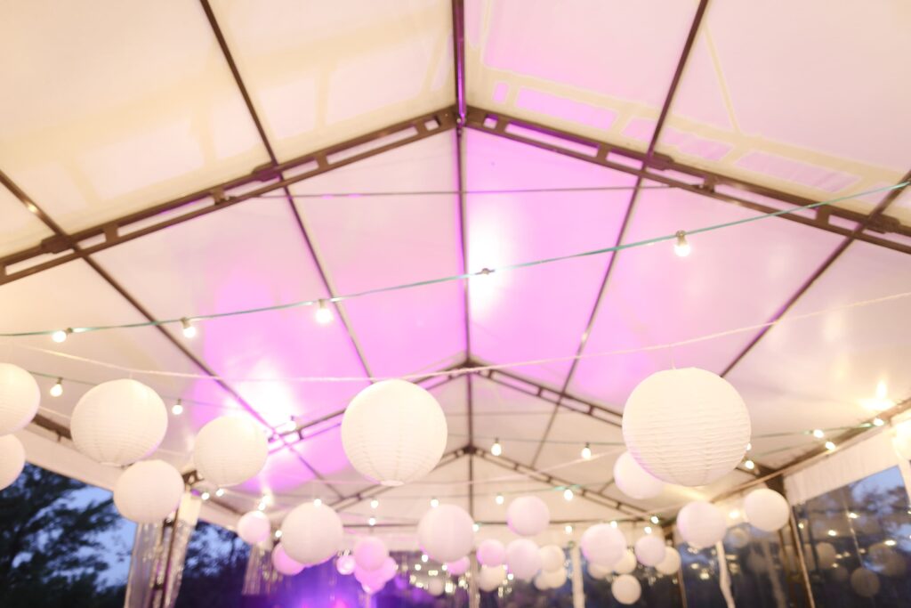 White balloons on ceiling concept of wedding deco